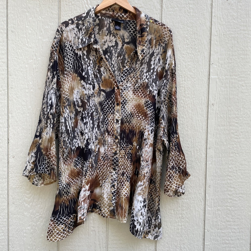 MAGGIE BARNES Top Size 5X Brown Pleated Button‎ Up 3/4 Sleeve Floral Slits  Boho